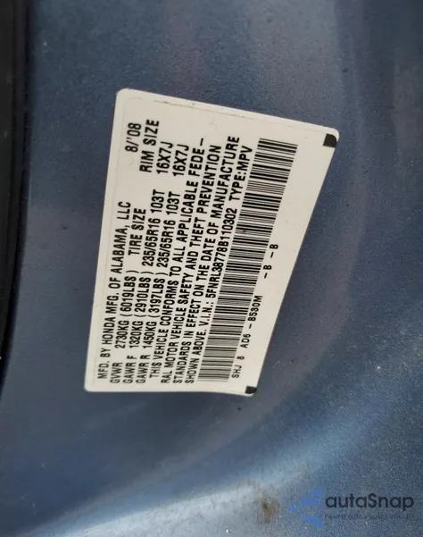 2008 Honda Odyssey Exl from USA, damaged, VIN 5FNRL38778B110302